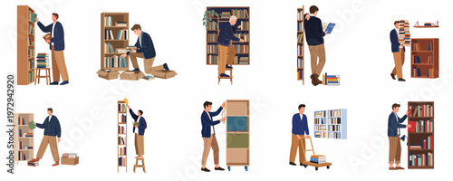 Set of diverse men organizing, cleaning, reading, and moving books on bookshelves in home or library settings, flat vector illustration.