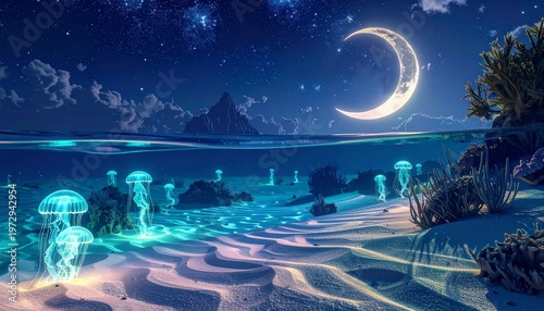 Glowing underwater desert with jellyfish and crescent moon