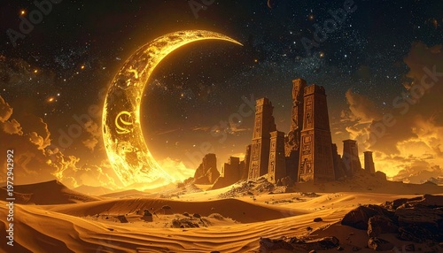 Mystical golden crescent moon rising over ancient fantasy ruins in dramatic sci-fi landscape