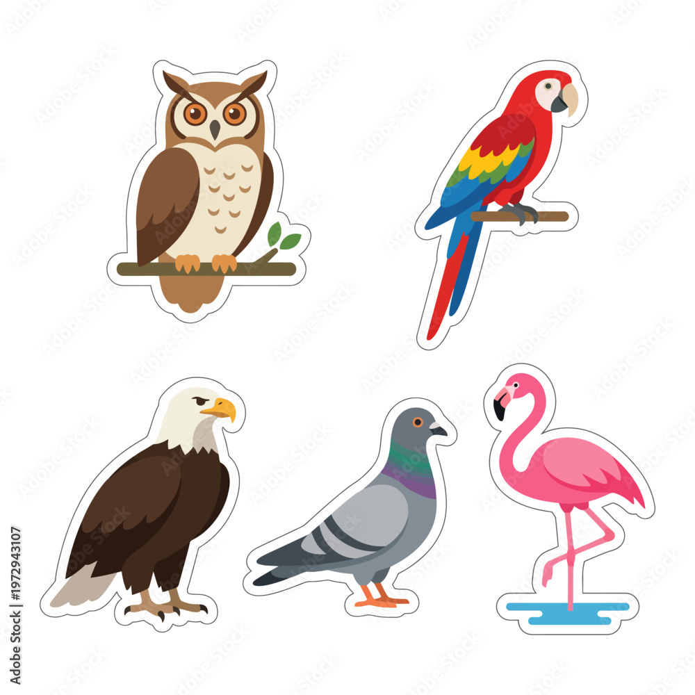 Fototapeta premium Colorful stickers of various bird species.
