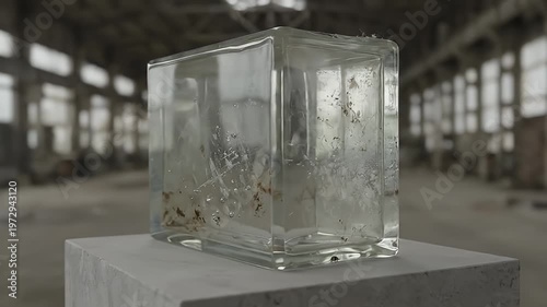 Glass cube on a pedestal.