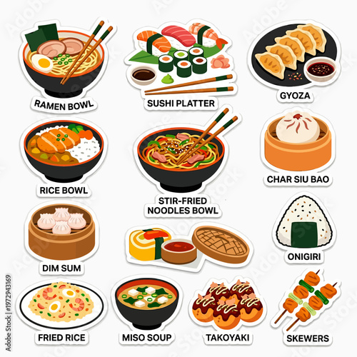 A variety of Asian food icons.