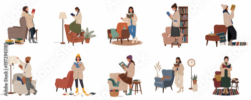 Collection of Women in Cozy Outfits Reading Books in Various Comfortable Domestic Settings Featuring Armchairs and Bookshelves