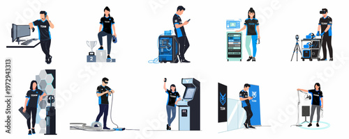 Collection of flat vector illustrations featuring professional esports players and gaming technology personnel in various competitive and technical scenarios.