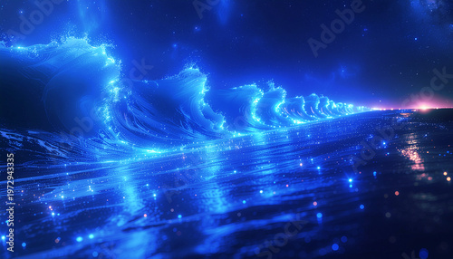 光る波が続く幻想的な夜の海と星空風景