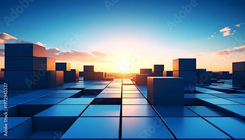 Digital city sunrise. Blue grid with cubic structures at various heights. Warm light bathes the scene with the sun in the distance. Soft clouds
