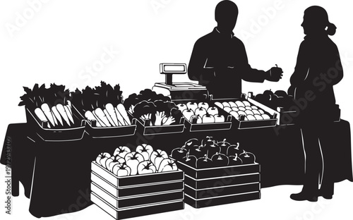 Black silhouette of man and woman at outdoor produce market