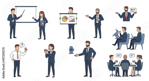 Professional Business People Vector Illustration Set Featuring Flat Design Characters in Various Office Scenarios Like Meetings Presentations and Teamwork Tasks