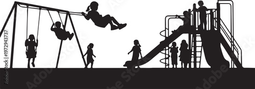 Black silhouette of children playing on swings and slide