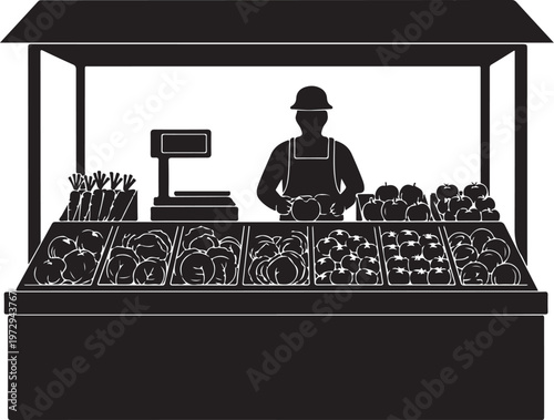 Black silhouette of man behind fruit stand with cash register