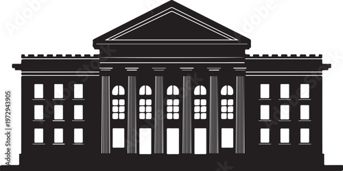 Black and white of a building with columns and triangular roof