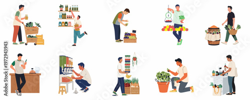 Illustration set of men shopping for fresh organic produce, using reusable bags and bulk dispensers in a sustainable, zero-waste grocery store environment.