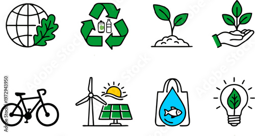 A set of eight colorful, modern linear icons focused on ecology and sustainability. The collection features clean black outlines with green, blue, and yellow accents on a white background. Earthday