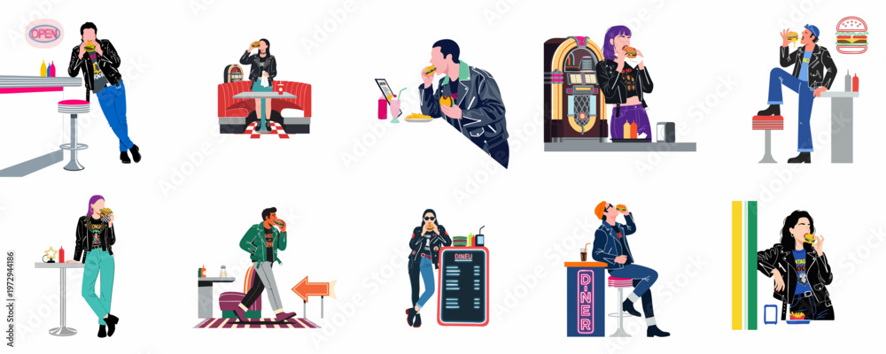 Fototapeta premium Collection of stylish young people in leather jackets eating burgers in a retro American diner setting.