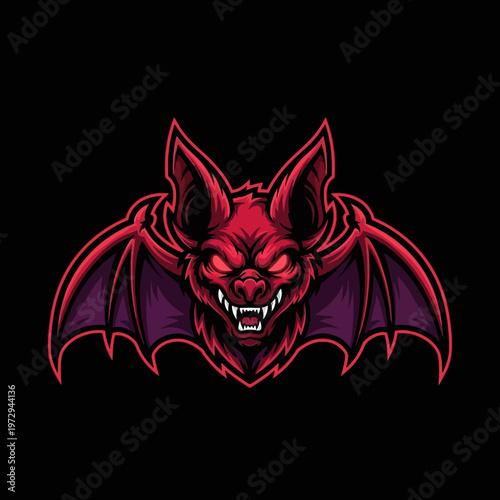 Red bat head with sharp teeth and glowing eyes on black background