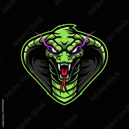 Green snake head logo with purple eyes and red tongue on black background