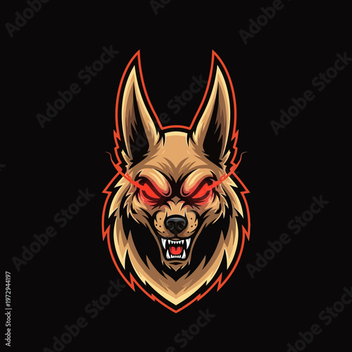 Furious cartoon wolf head with red eyes and sharp teeth on black background