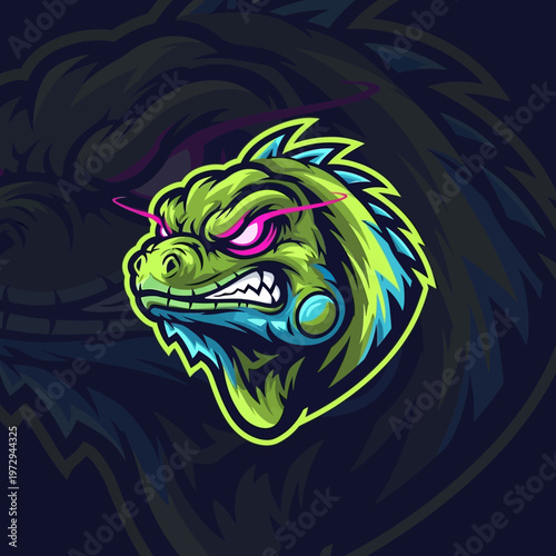 Vibrant green dragon head with pink eye and neon outline on dark background