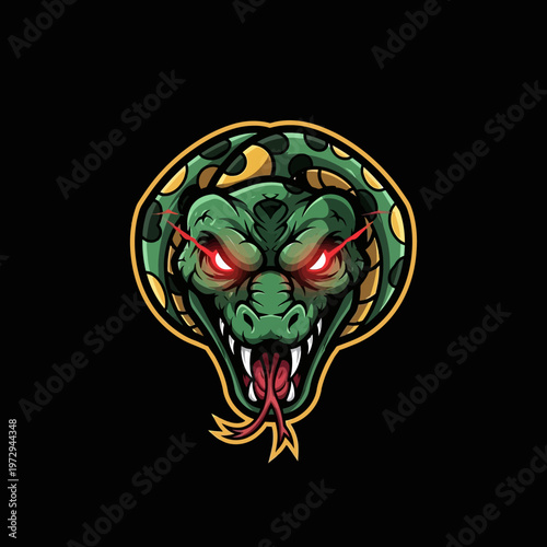 Green snake head with red eyes and gold accents on black background
