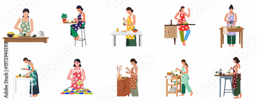 Collection of flat vector illustrations of women in floral aprons preparing healthy avocado toast in various kitchen settings, isolated on a white background.