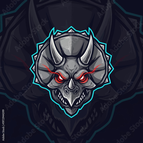 Gray skull with red eyes and horns on a dark background with blue outline aggressive monster face
