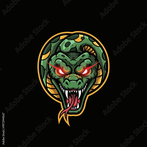 Green snake head with red eyes and sharp teeth cartoon style illustration