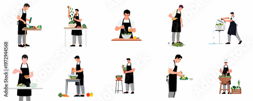 Set of vector illustrations of a man wearing an apron preparing various healthy salads, including steps like washing, chopping, mixing, and seasoning ingredients.