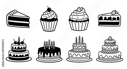 Assorted Cakes and Cupcakes Collection: Black and White Line Art