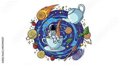 Astronaut enjoying tea in space with planets, stars, and comet