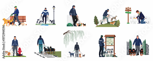Collection of illustrations depicting men walking multiple dogs of various breeds in different outdoor settings, including parks and sidewalks.