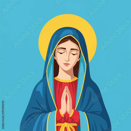 Flat vector illustration of the Virgin Mary with a blue veil and red robe, hands joined in prayer against a blue background, featuring a yellow halo and religious iconography.