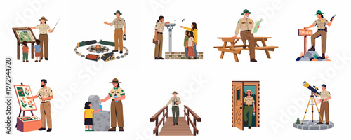 Comprehensive set of professional park ranger illustrations showcasing various outdoor duties, visitor education, and nature conservation activities in a national park setting.