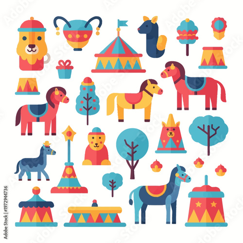 Collection of circus and amusement park flat design icons including a big top tent, performing horses, bears, lions, decorative podiums, and trees on a white background.