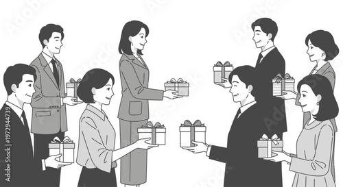 Business people exchanging gifts, celebrating success, teamwork, and appreciation in office setting.