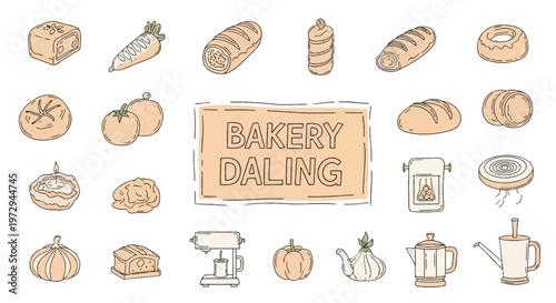 Hand-drawn collection of bakery items and kitchen icons including bread loaves, pastries, donuts, vegetables, a stand mixer, coffee pot, and central sign with BAKERY DALING text.