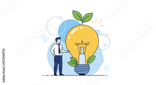 Businessman with giant glowing light bulb, symbolizing innovation, ideas, and growth