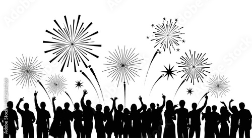 Celebration Crowd Cheering Fireworks Display Night Sky Silhouette