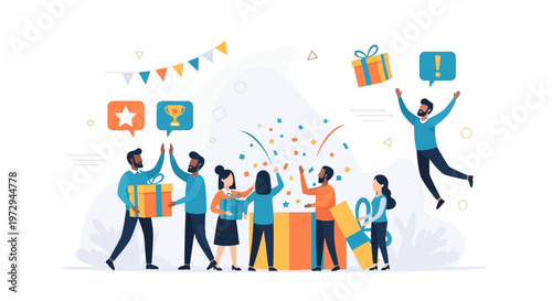 Celebration of success, team winning, gifts and confetti, happy people celebrating achievements