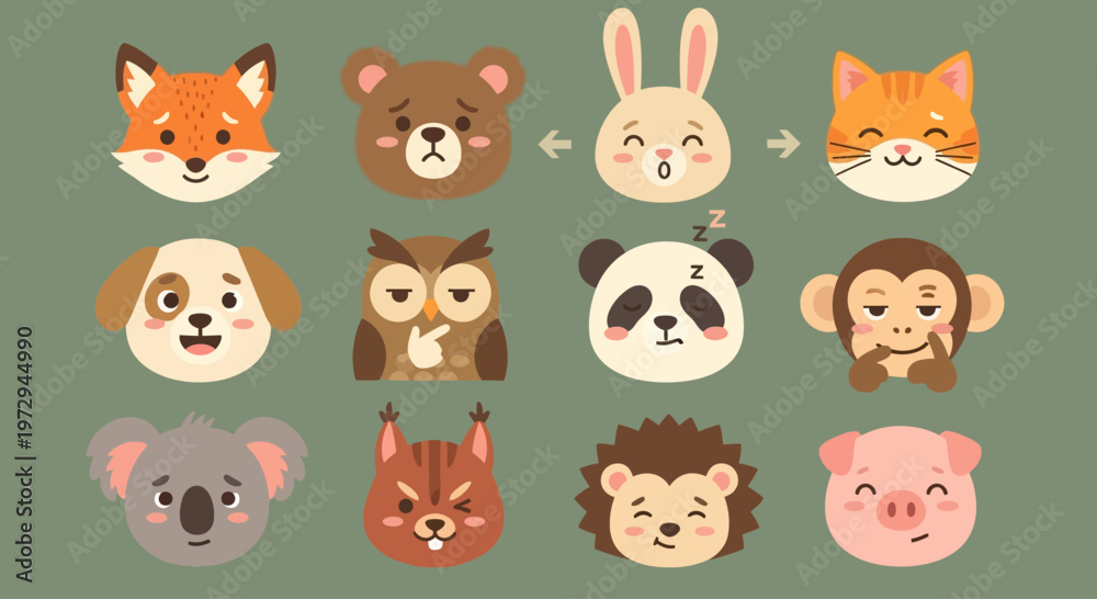 Obraz premium Cute Animal Faces Collection: Fox, Bear, Rabbit, Cat, Dog, Owl, Panda, Monkey, Koala, Squirrel, Hedgehog, Pig