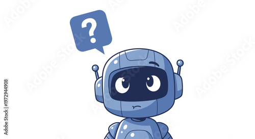 Confused robot with question mark symbol in speech bubble, thinking, uncertain, AI concept