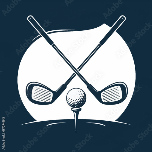 Vector illustration of crossed golf clubs and a dimpled golf ball resting on a tee, featuring a minimalist white graphic emblem on a dark navy blue background for sports design.
