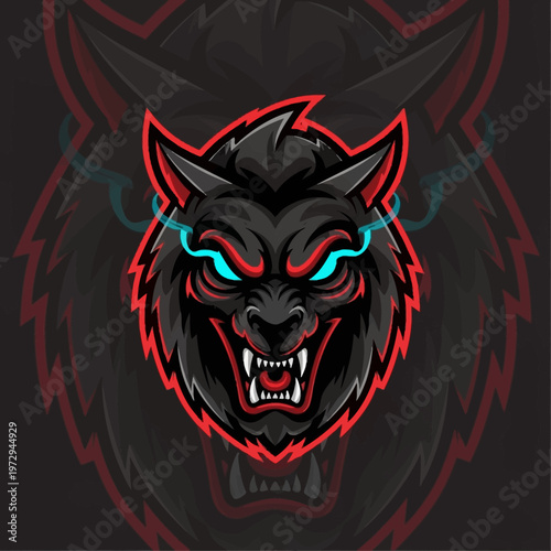 Furious black wolf head with glowing blue eyes and sharp teeth on dark background with red outline