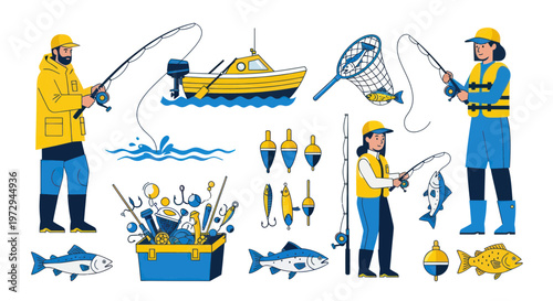 Fishing Fun: People, Boat, Fish, and Gear Illustration Set