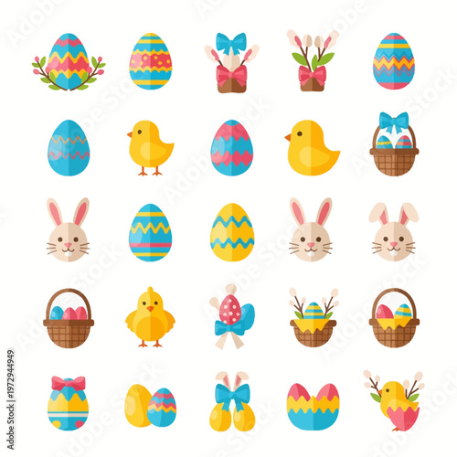 Flat vector icon set for Easter featuring colorful patterned eggs, yellow chicks, bunny rabbit faces, wicker baskets with eggs, pussy willow branches, and decorative spring symbols.