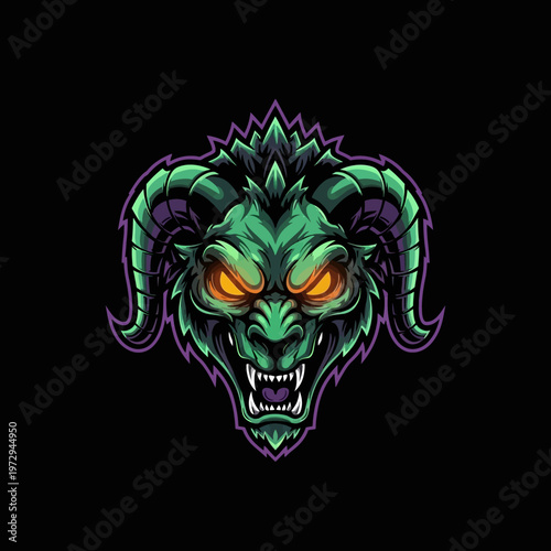 Green demon head with horns and orange eyes on black background