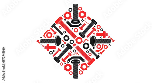 Geometric arrangement of nuts and bolts in red and black on white background