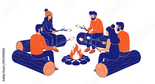 Friends Roasting Marshmallows Around a Campfire