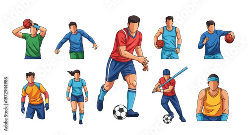 Vector illustration set of diverse male and female athletes including soccer players, basketball players, and a baseball batter, depicted in dynamic action poses on a white background.