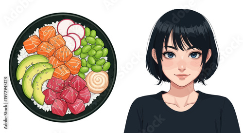 Anime Girl with Healthy Poke Bowl - Fresh Salmon, Tuna, Avocado, Edamame