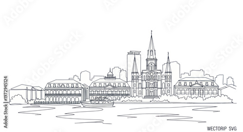 Cityscape Outline Drawing: Historic Buildings and Modern Architecture on Water